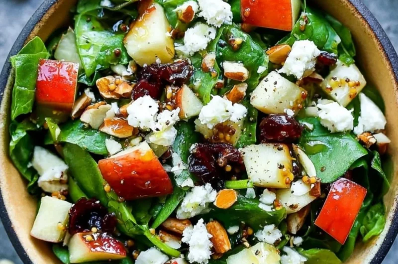 Cozy apple almond feta spinach salad with fresh ingredients