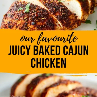 Baked Cajun Chicken Breasts served on a plate with seasoning.