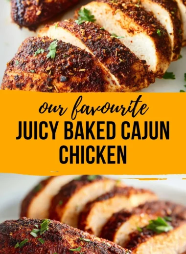Baked Cajun Chicken Breasts served on a plate with seasoning.