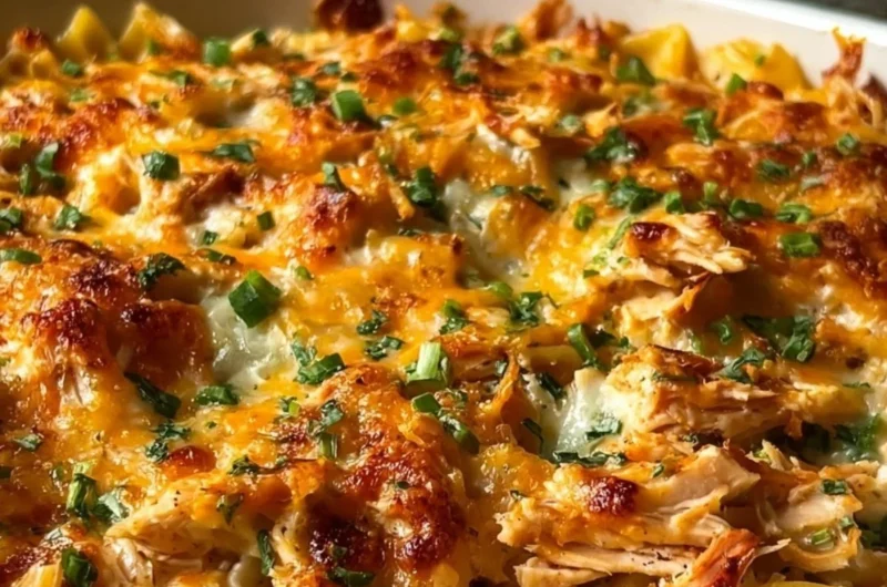 BBQ Ranch Chicken Casserole baked in a dish topped with cheese and barbecue sauce