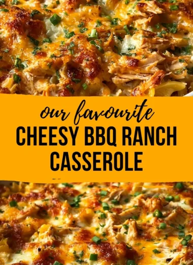 Delicious BBQ Ranch Chicken Casserole topped with cheese and fresh herbs