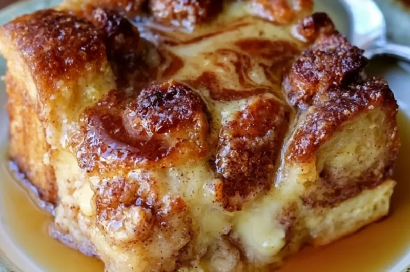 Delicious French Toast Casserole topped with syrup and berries