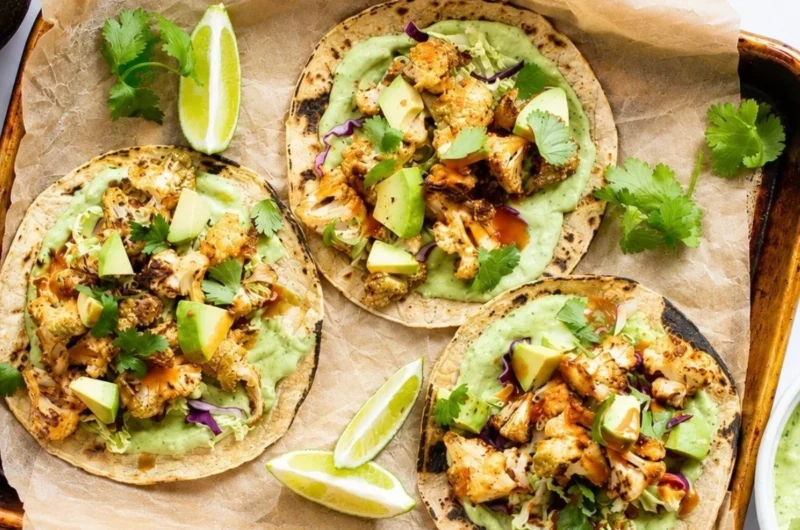 Delicious cauliflower tacos served with creamy avocado sauce.