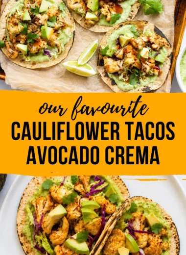 Delicious cauliflower tacos topped with creamy avocado sauce