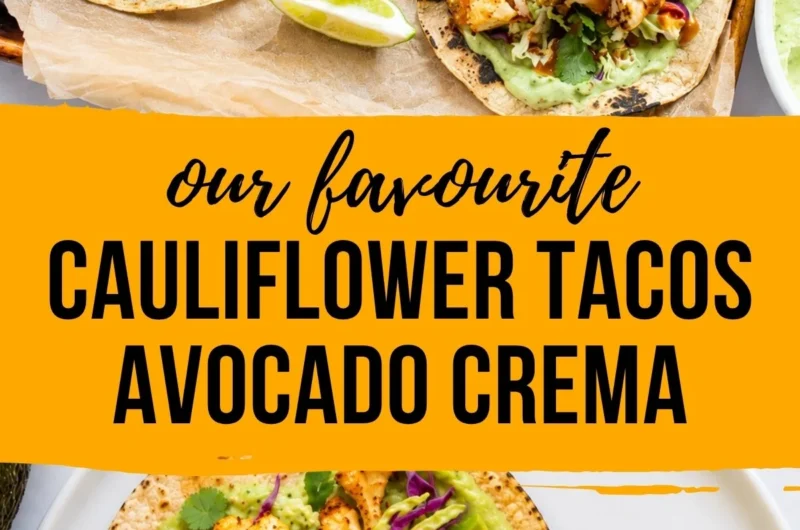 Delicious cauliflower tacos topped with creamy avocado sauce
