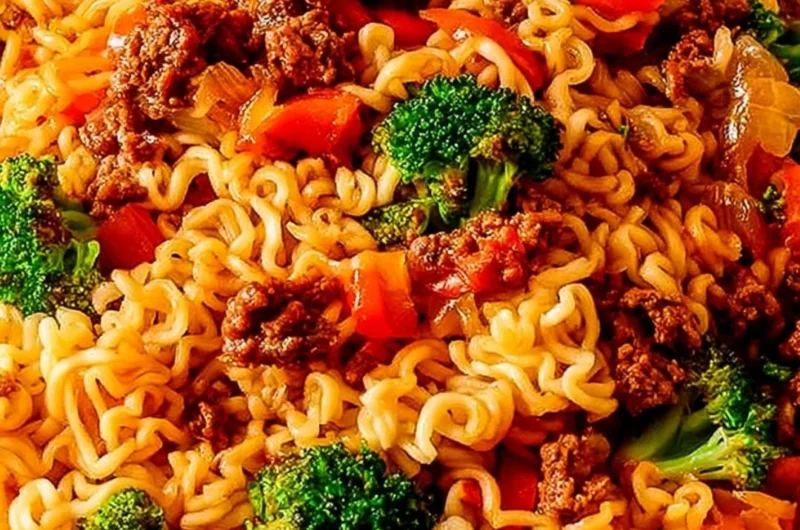 Cozy beef ramen noodles stir fry in a bowl with fresh vegetables