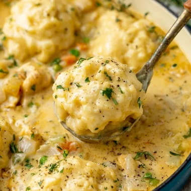 Cozy chicken and dumplings served in a bowl, perfect for warming meals.