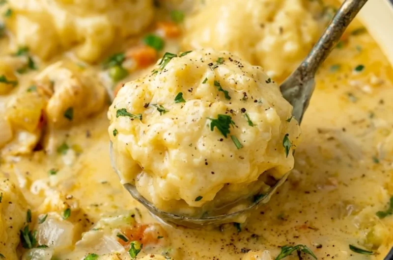 Cozy chicken and dumplings served in a bowl, perfect for warming meals.