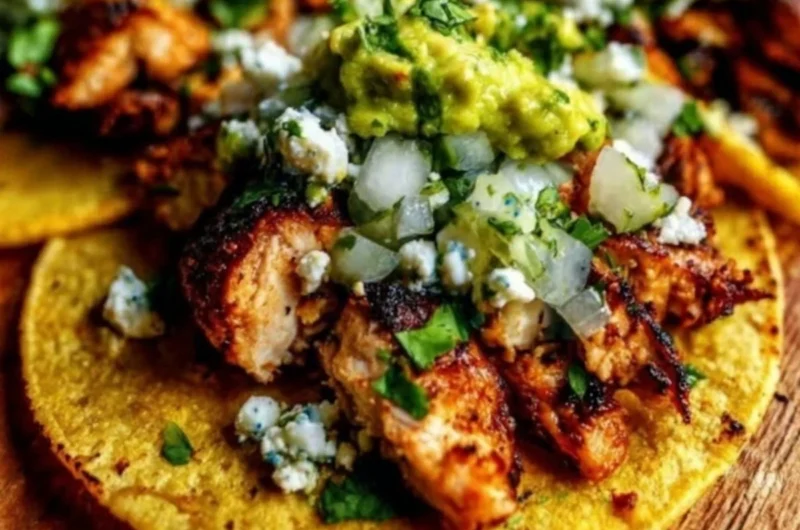 Delicious cozy chicken street tacos served with fresh toppings