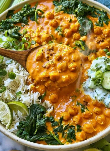 Bowl of cozy chickpea curry garnished with cilantro and spices