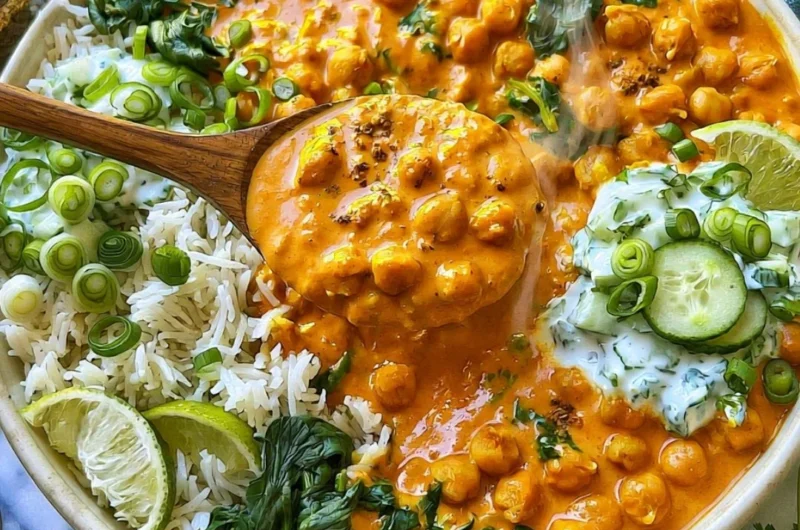 Bowl of cozy chickpea curry garnished with cilantro and spices