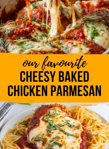Delicious homemade chicken parmesan served with marinara sauce and cheese