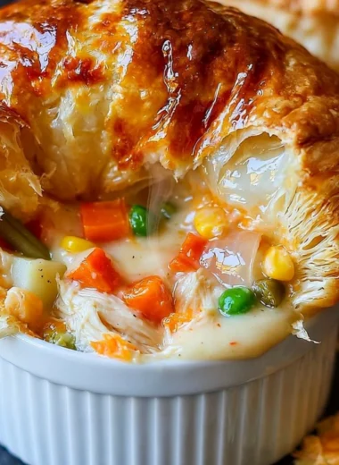 Cozy creamy chicken pot pie topped with golden crust and herbs