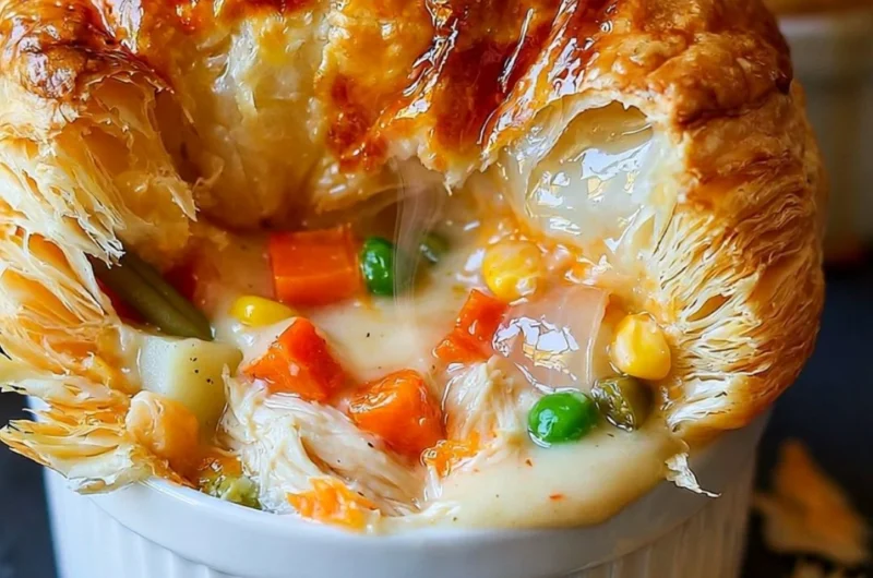 Cozy creamy chicken pot pie topped with golden crust and herbs