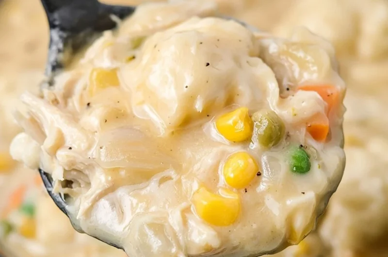 Delicious crock pot chicken and dumplings served in a bowl.