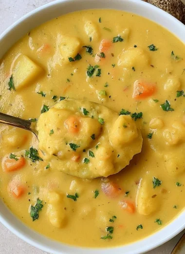 Bowl of cozy German Potato Soup topped with herbs and served with crusty bread