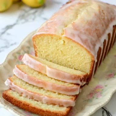 Cozy gluten-free lemon loaf drizzled with a sweet glaze on a wooden table
