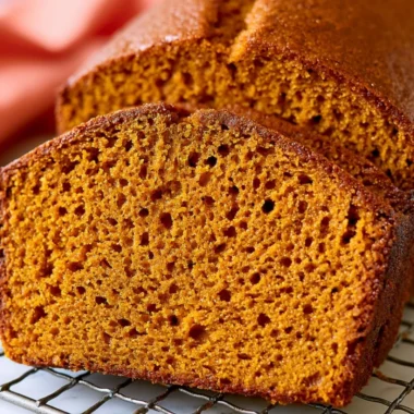 Cozy healthy pumpkin bread loaf filled with spices and served on a rustic wooden table