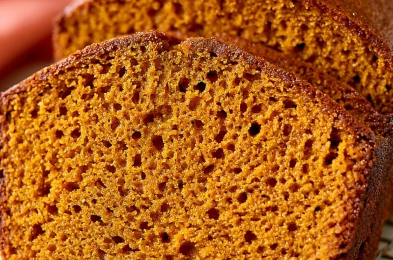 Cozy healthy pumpkin bread loaf filled with spices and served on a rustic wooden table
