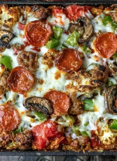 Delicious low carb pizza casserole topped with cheese and vegetables
