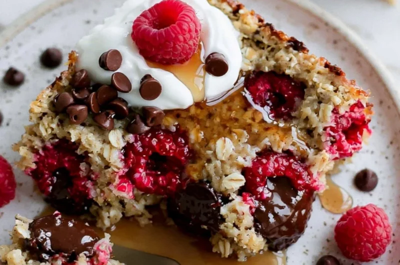 Cozy raspberry chocolate chip baked oatmeal in a bowl with fresh raspberries