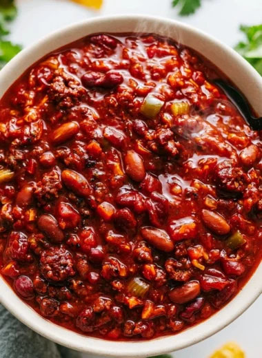 Bowl of cozy slow cooker chili topped with fresh herbs and cheese