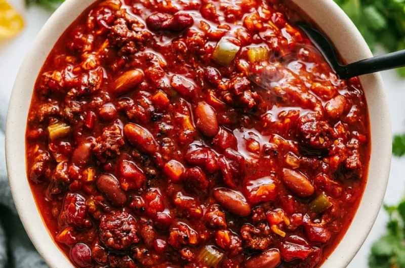 Bowl of cozy slow cooker chili topped with fresh herbs and cheese