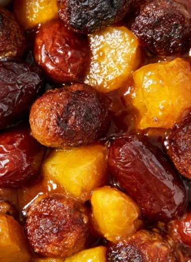 Delicious slow cooker meatball pineapple smokies served in a bowl.