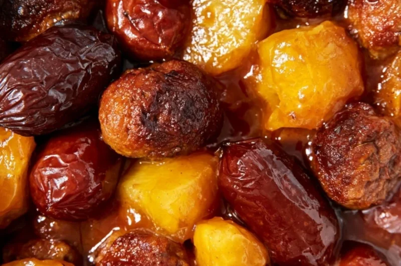 Delicious slow cooker meatball pineapple smokies served in a bowl.