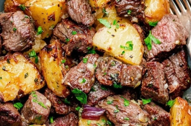 Cozy steak bites served with gnocchi, perfect for a comforting dish.