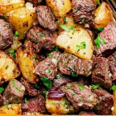 Delicious cozy steak bites served with gnocchi in a rustic setting.