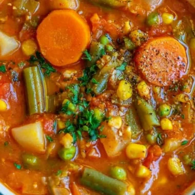 Bowl of cozy vegetable soup with fresh vegetables and herbs