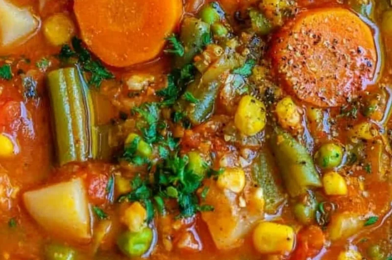 Bowl of cozy vegetable soup with fresh vegetables and herbs