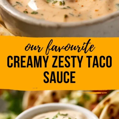 Creamy and spicy fish taco sauce pouring over freshly made fish tacos