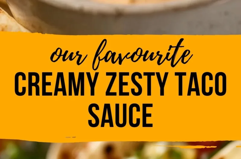 Creamy and spicy fish taco sauce pouring over freshly made fish tacos