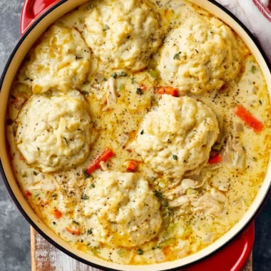 Bowl of creamy homemade chicken and dumplings served with herbs.