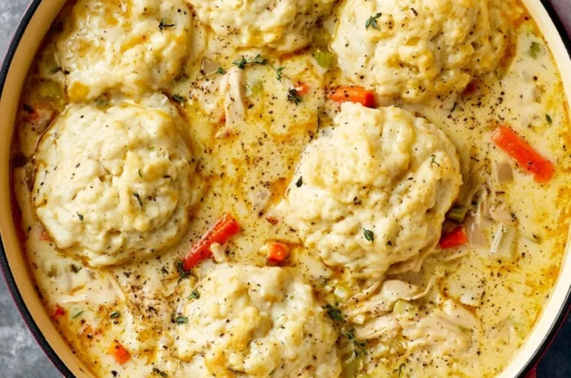 Bowl of creamy homemade chicken and dumplings served with herbs.