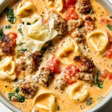 Bowl of creamy tortellini soup garnished with herbs and served hot