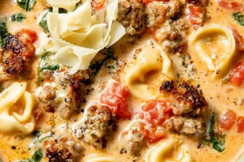 Bowl of creamy tortellini soup garnished with herbs and served hot