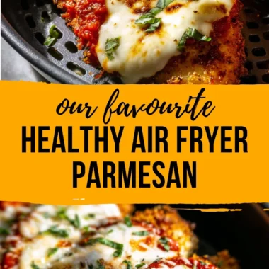 Crispy healthy chicken parmesan made in an air fryer, served with marinara sauce.