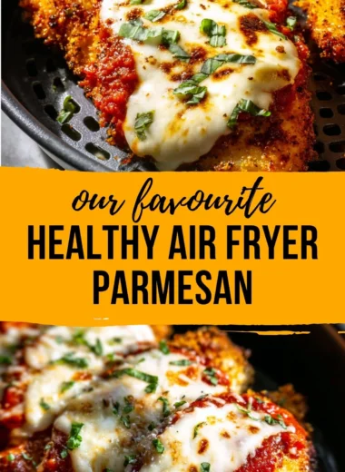 Crispy healthy chicken parmesan made in an air fryer, served with marinara sauce.