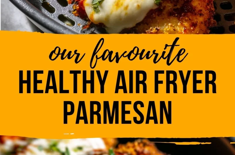 Crispy healthy chicken parmesan made in an air fryer, served with marinara sauce.