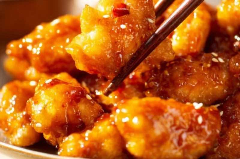 Crispy orange chicken served on a plate with garnishes and sauce