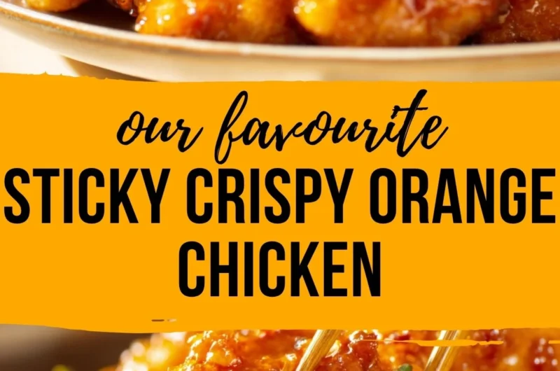 Plate of crispy orange chicken garnished with green onions and sesame seeds