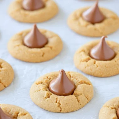 Plate of easy peanut butter blossoms cookies with chocolate kisses on top