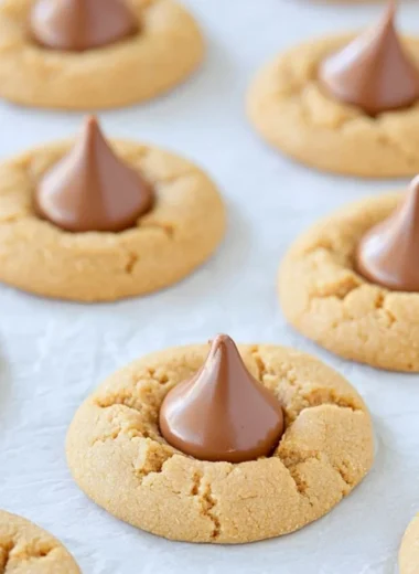 Plate of easy peanut butter blossoms cookies with chocolate kisses on top