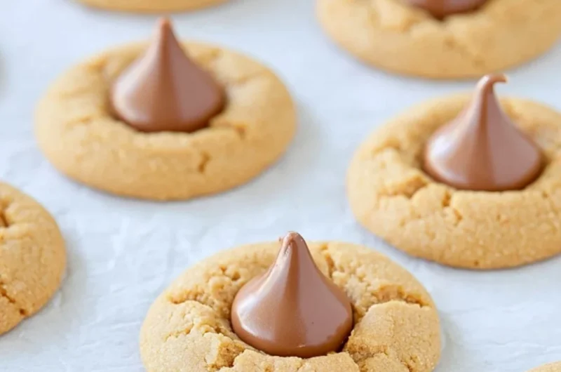 Plate of easy peanut butter blossoms cookies with chocolate kisses on top