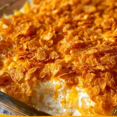 Cheesy funeral potatoes casserole with corn flake topping in a baking dish.