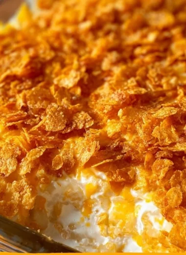 Cheesy funeral potatoes casserole with corn flake topping in a baking dish.