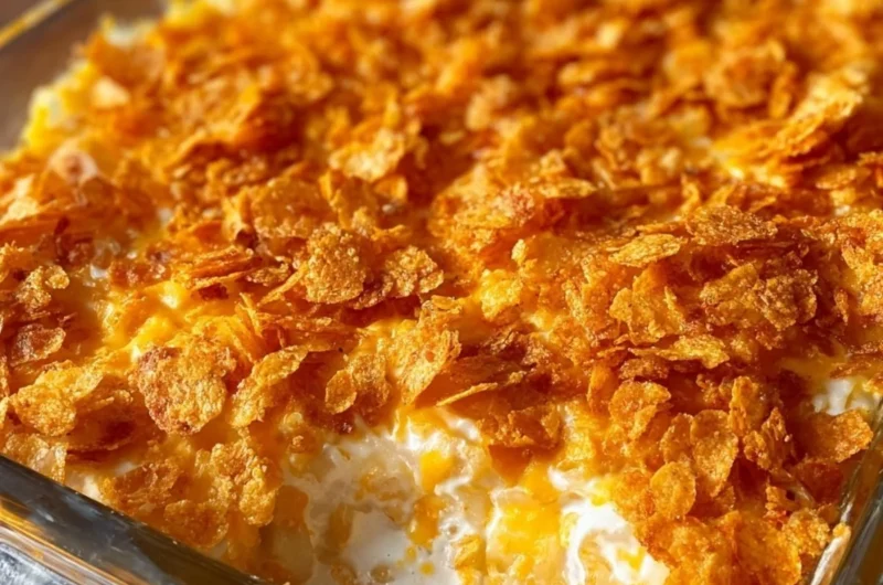 Cheesy funeral potatoes casserole with corn flake topping in a baking dish.